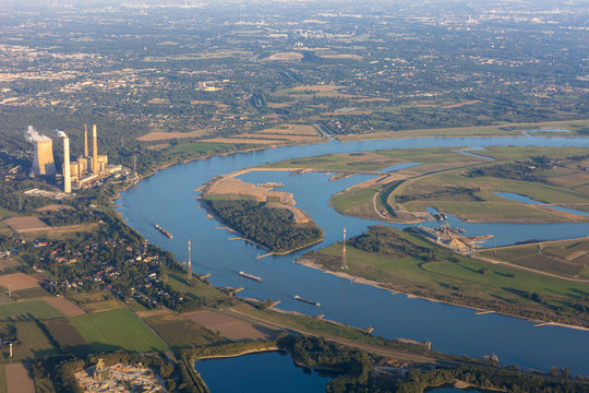Rhine River bend Orsoy with agricultural, industrial and residen