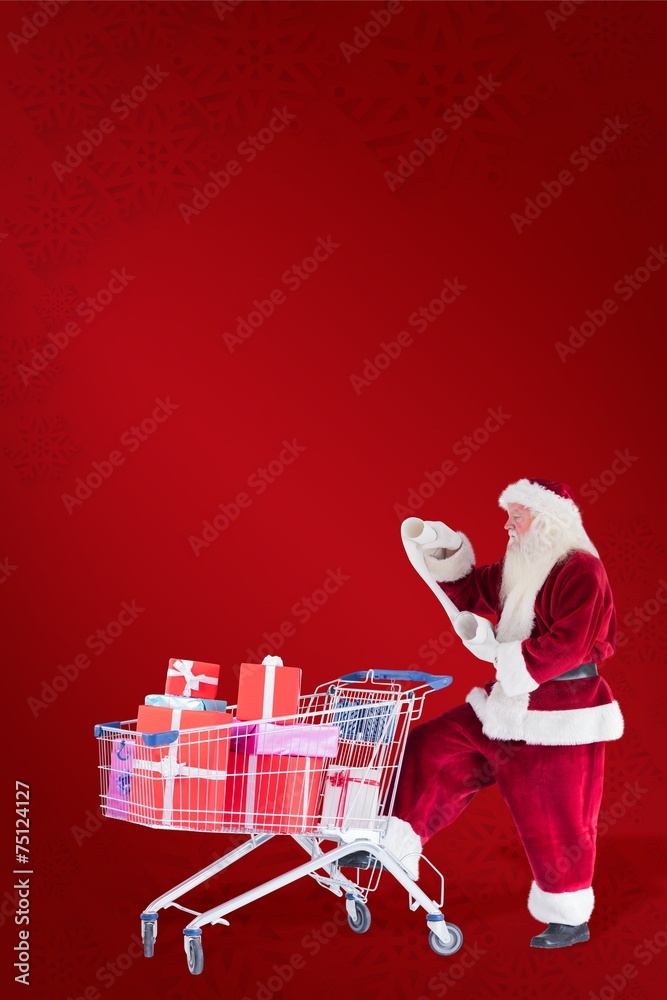 Poster composite image of santa pushes a shopping cart while reading