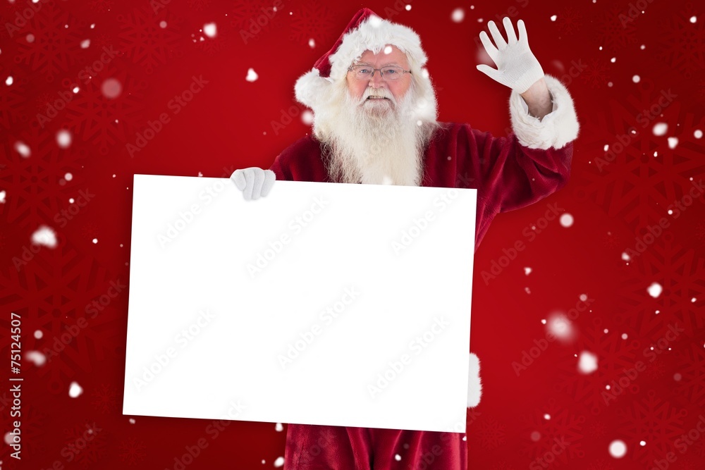 Poster composite image of santa holds a sign and is waving