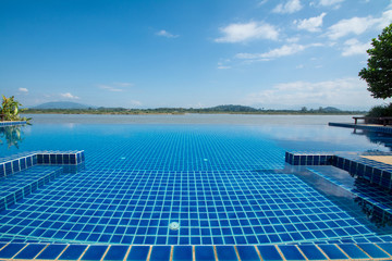 Swimming pool near Khong river with  blue sky  ,Chiangsan in Chi