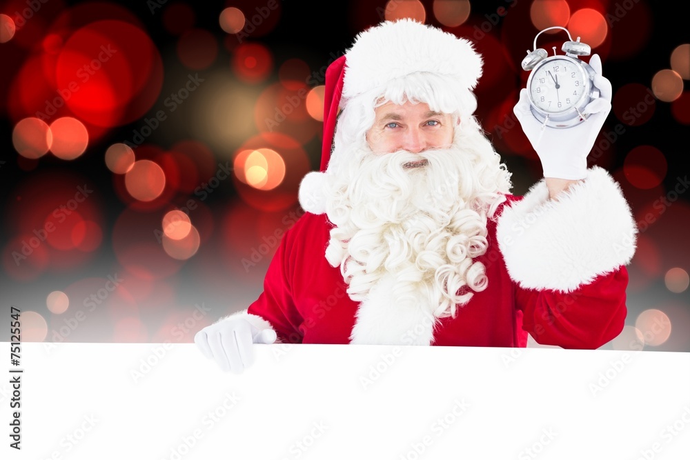 Poster composite image of santa claus holding alarm clock and sign