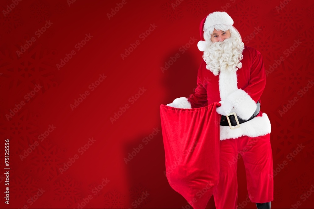 Poster composite image of smiling santa claus opening sack
