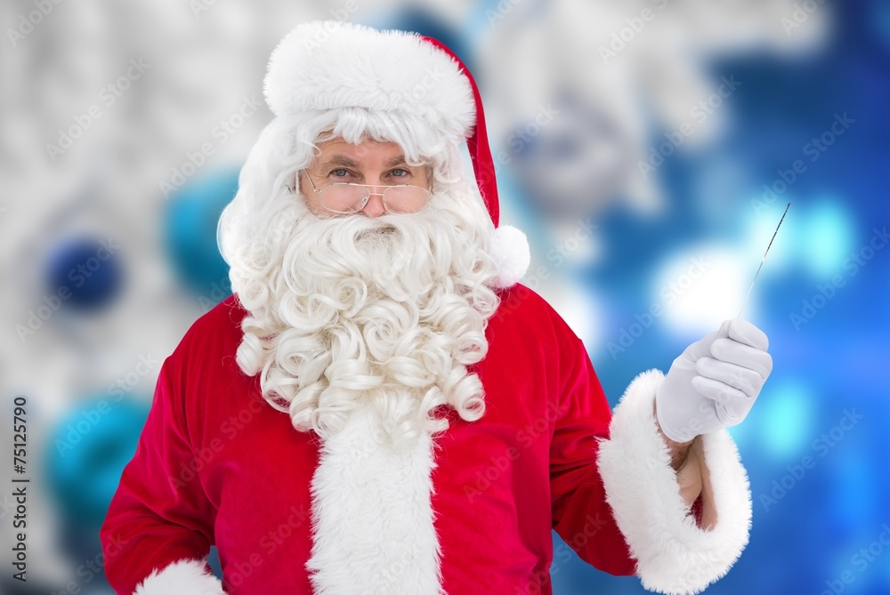 Poster composite image of portrait of perplexed santa holding