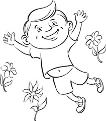 coloring book - boy jumping with flowers