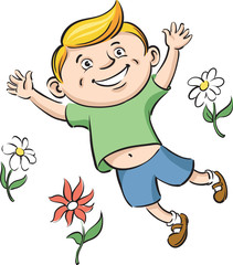boy jumping with flowers