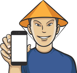 vietnamese man showing a mobile app on a smart phone