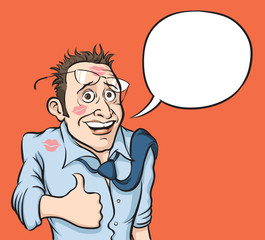 happy satisfied man thumbs up with speech balloon