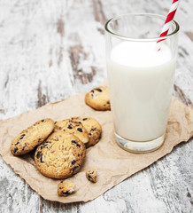 Chocolate chip cookie and glass of milk