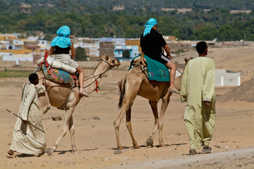 Egypte - Tourists led by camel drivers.Aswan