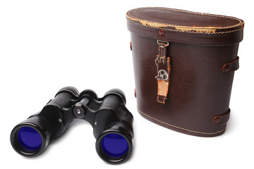 Old binoculars and leather case
