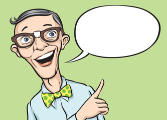 smiling geek with speech balloon