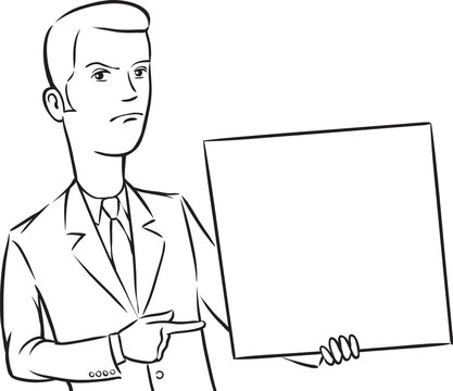 whiteboard drawing - businessman angry pointing at blank placard