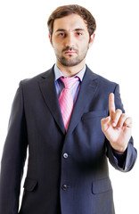 Businessman in suit points his finger