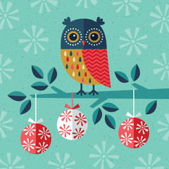 merry christmas card owl baubles snowflakes aqua red navy
