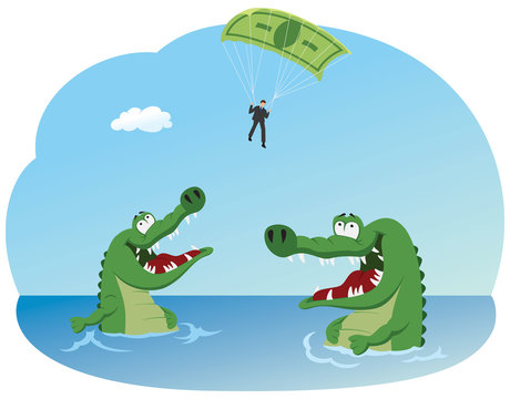 Businessman with dollar bill parachute flying above crocodiles