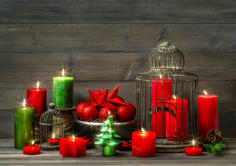 christmas decoration with burning candles. nostalgic home interi