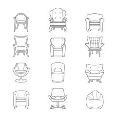 Flat line armchair  isolated icons set