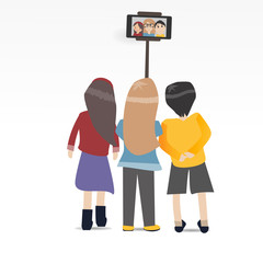 Three People selfie together with smartphone and stick isolated