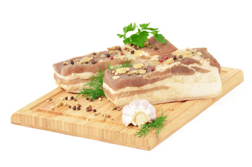 Speck gesalzen, Knoblauch, Schneidebrett