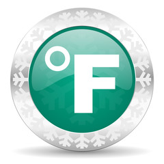 fahrenheit green icon, christmas button, temperature unit sign