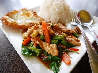 Santed pork with chilli & Basil leaves