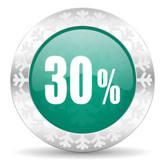 30 percent green icon, christmas button, sale sign