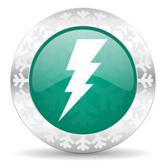 bolt green icon, christmas button, flash sign