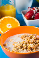 Healthy breakfast in vibrant colors overhead view