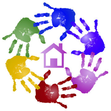 Conceptual children painted hand print and house symbol