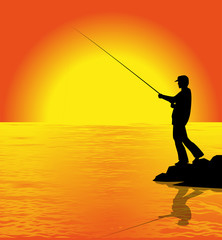 silhouette di pescatore al tramonto