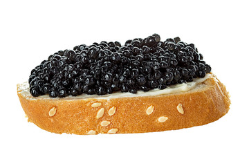 Black caviar served on bread isolated