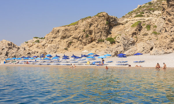 Beach in the Gulf of Afandou (Afandou Bay). Rhodes Island. Greec