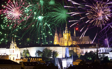 Fototapeta premium Festive fireworks over Prague hail, Prague, Czech Republic