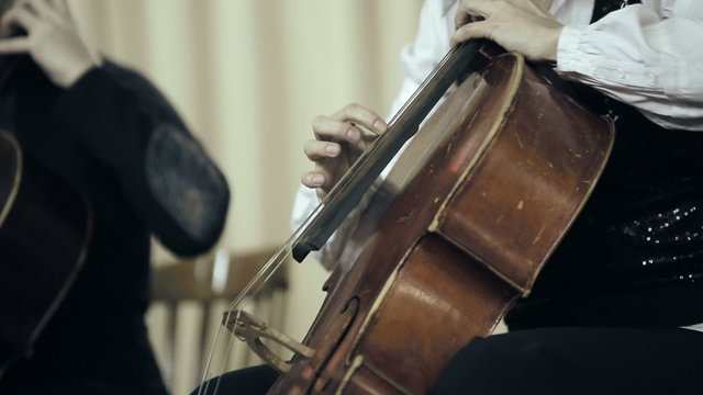 Two cellist playing fingers on cello at the concert