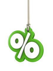 Fototapeta Green percentage sign isolated on white background hanging on ro obraz