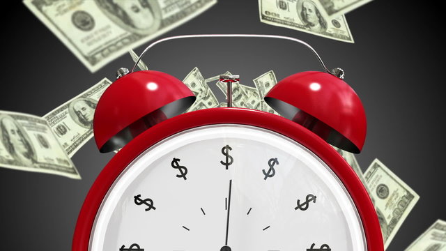 Dollar bills falling with alarm clock