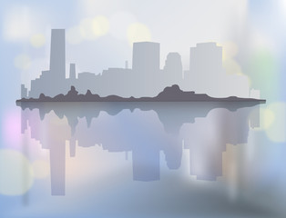 City landscape with buildings in mist. Vector illustration