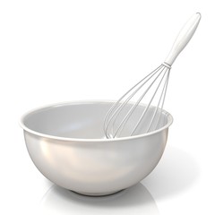 Bowl with a wire whisk, isolated on white