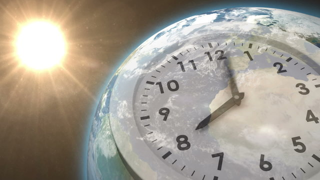 Clock ticking against sun on the earth