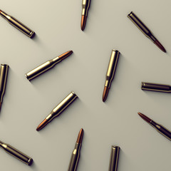 A collection of rifle cartridges arranged on a white background