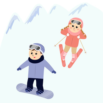 A boy snowboarding and a girl skiing in the snowy mountain