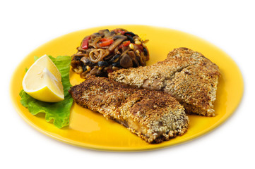 The fried fish carp with sesame seeds