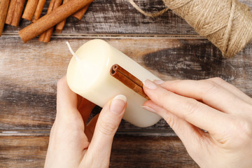 How to make candle decorated with cinnamon sticks tutorial