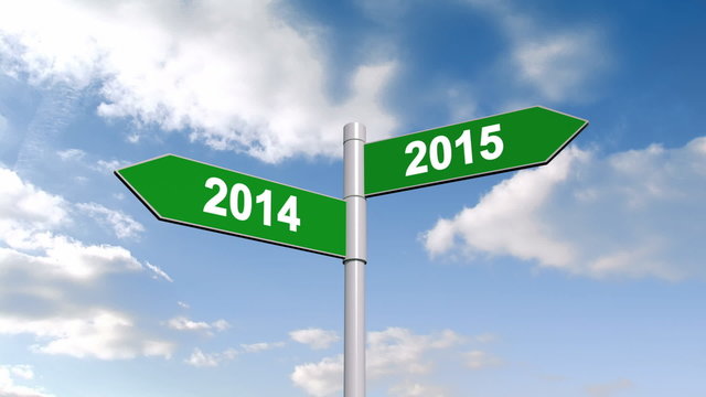 2014 and 2015 signpost against blue sky