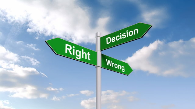Right wrong decision signpost against blue sky