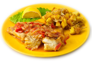 the peach fish with sauce and vegetable with potatoes