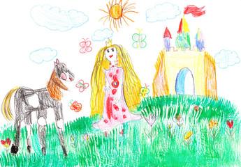Princess with a horse at a walk near the Castle © strekalova