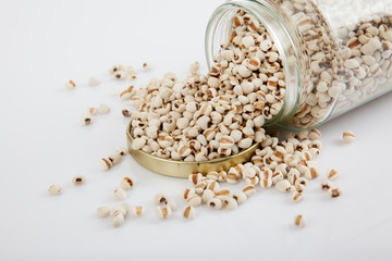 Jobs tears  in a jar on white  table with lid off