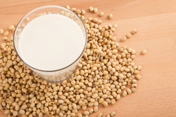 Soy milk in glass with soybeans