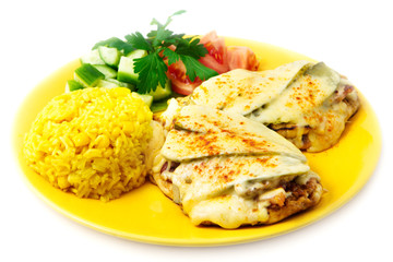 the chicken fillet baked with bacon served with rice